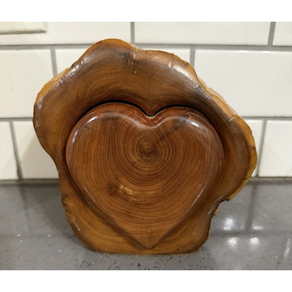 Handcrafted Other - Wood Cedar Log Jewelry Trinket Box Heart Shaped‎ Drawer Artist Jeff Trag